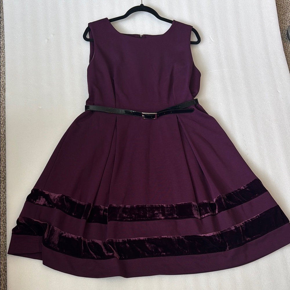 Elegant Purple velvet trim Dress with Belt